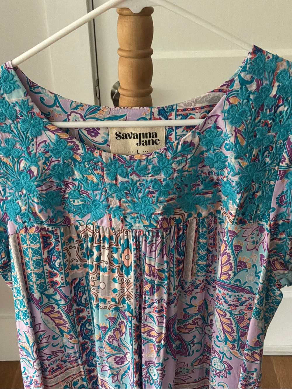 Savanna Jane Teal & Lavender Floral Embroidered Cap-Sleeve Blouse - Picture 2 of 7